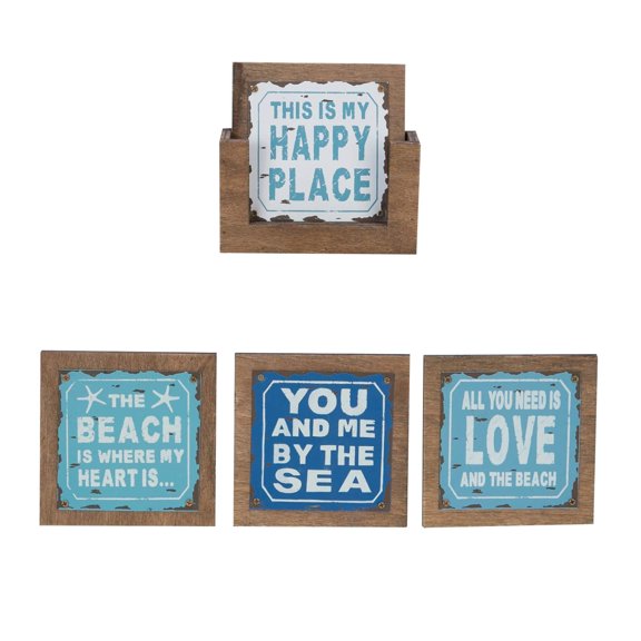 4 Beach Sayings Coasters in Wood Holder