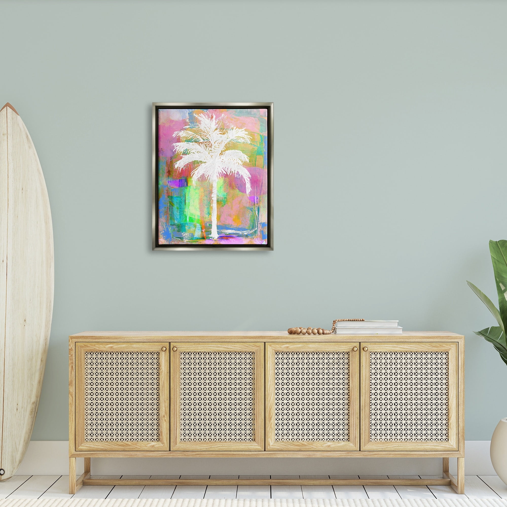 Stupell Industries Modern Palm Tree Silhouette Vivid Blocked Hues Painting Luster Gray Floating Framed Canvas Print Wall Art, Design by Kristen Dew