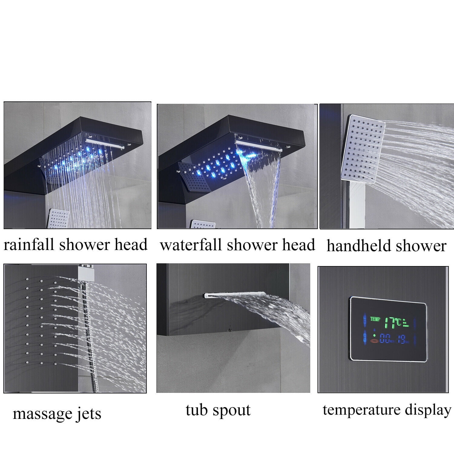 CES Shower Panel Tower System Stainless Steel 5-Function Faucet LED  Rainfall Waterfall Shower Head,Wall Mount Shower Column, Hydroelectricity  Display Rain Massage with Jets, Brushed Nickel 