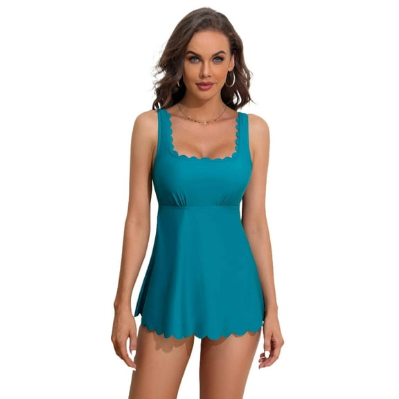 Attraco Women Tankini Set Solid Color Swimwear Swim Sets Shoulder Straps Conservative Bathing Suit