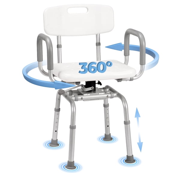 MaxKare 360° Swivel Shower Chair with Back and Arms, 5 Levels Adjustable Height Shower Stool, Support Up to 300 Lbs
