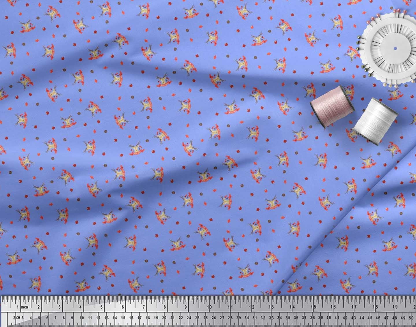Soimoi Blue Cotton Voile Fabric Reindeer Face & Baubles Christmas Printed Fabric 1 Yard 56 Inch Wide