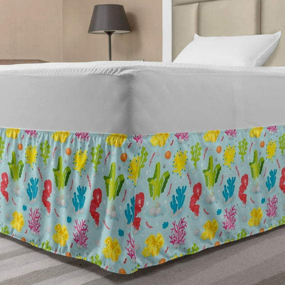 Sea Life Bed Skirt, Colorful Seaweed and Coral Pattern Undersea Plantation Marine Lifestyle Nautical, Elastic Bedskirt Dust Ruffle Wrap Around for Bedding Decor, 4 Sizes, Multicolor, by Ambesonne