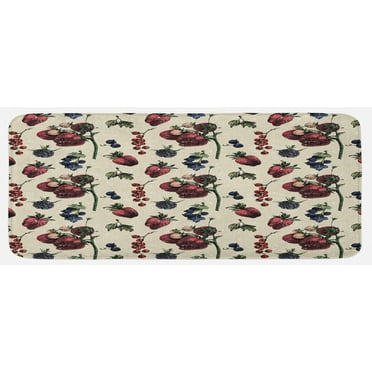 Vintage Kitchen Mat, Drawing of Berry Fruits Tasty Vegetarian Food Organic Eating Garden Theme, Plush Decorative Kitchen Mat with Non Slip Backing, 47" X 19", Multicolor, by Ambesonne
