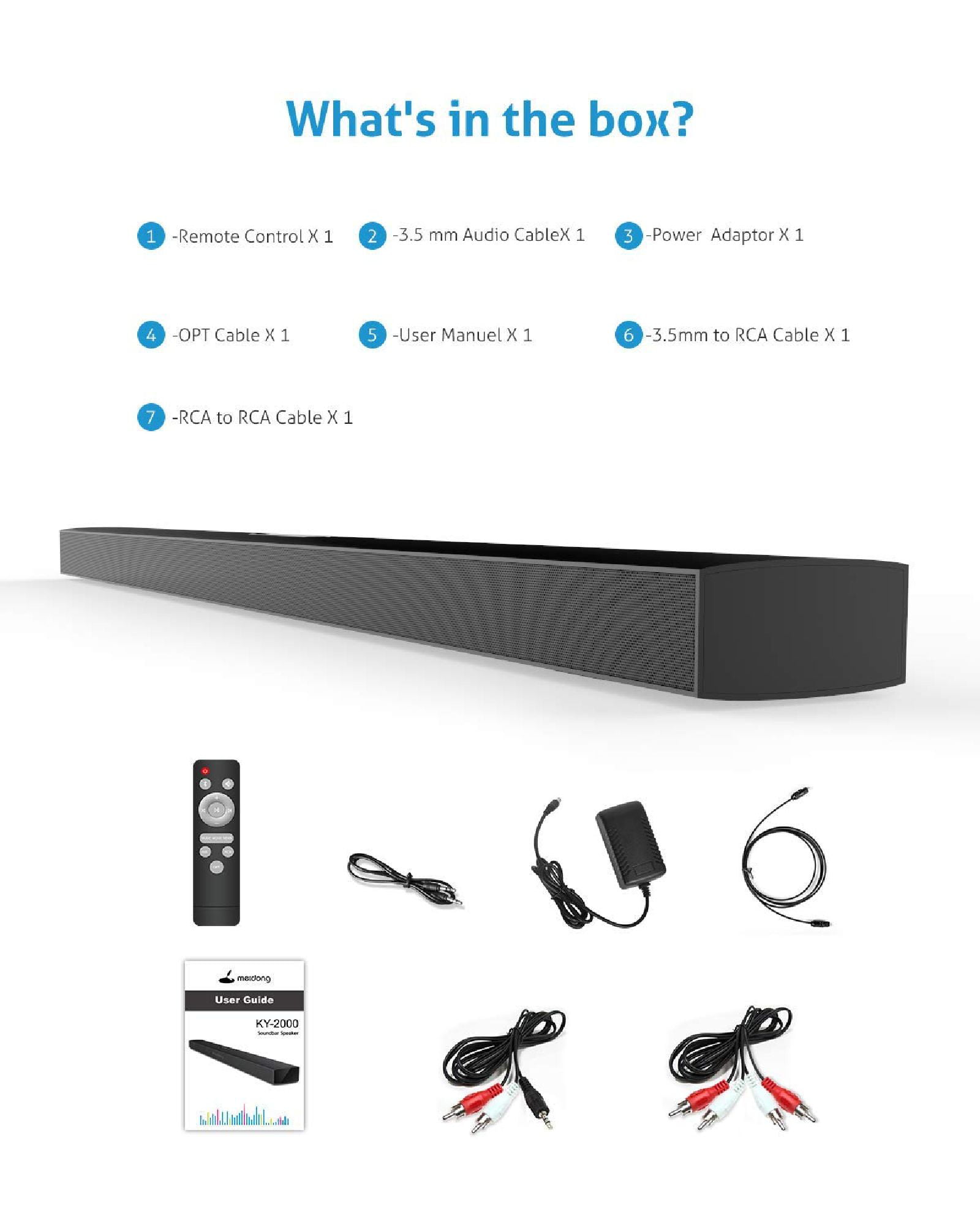 Meidong KY-2000 Sound Bars for TV Bluetooth Soundbar Speaker Wired & Wireless Stereo Sound Optical/RCA/Aux/BT4.1 Remote Control 43-inches 72-Watts 12 Drivers 