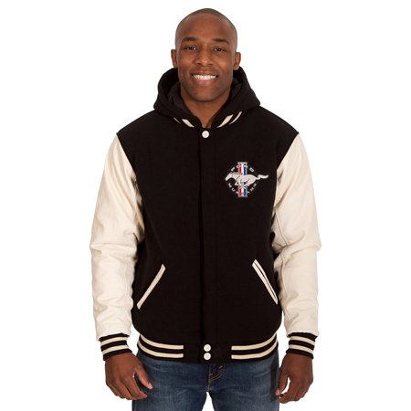 - Mens Ford Mustang Reversible Fleece Hooded Jacket w/PU Sleeves Embroidered Logos