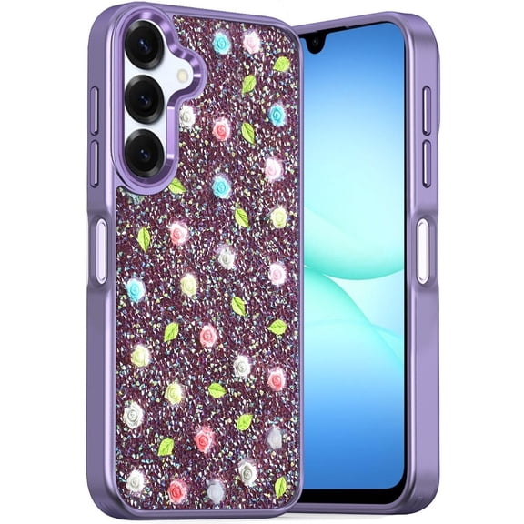 For Samsung A17 5G Stick-On Embedded Glass Diamonds of Colorful Floral Arrangement HQ Hybrid Case - Purple