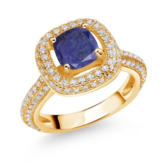 Gem Stone King 18K Yellow Gold Plated Silver Blue Lapis and White Moissanite Engagement Ring for Women (1.63 Cttw, Cushion 6MM, Gemstone, Size 8)
