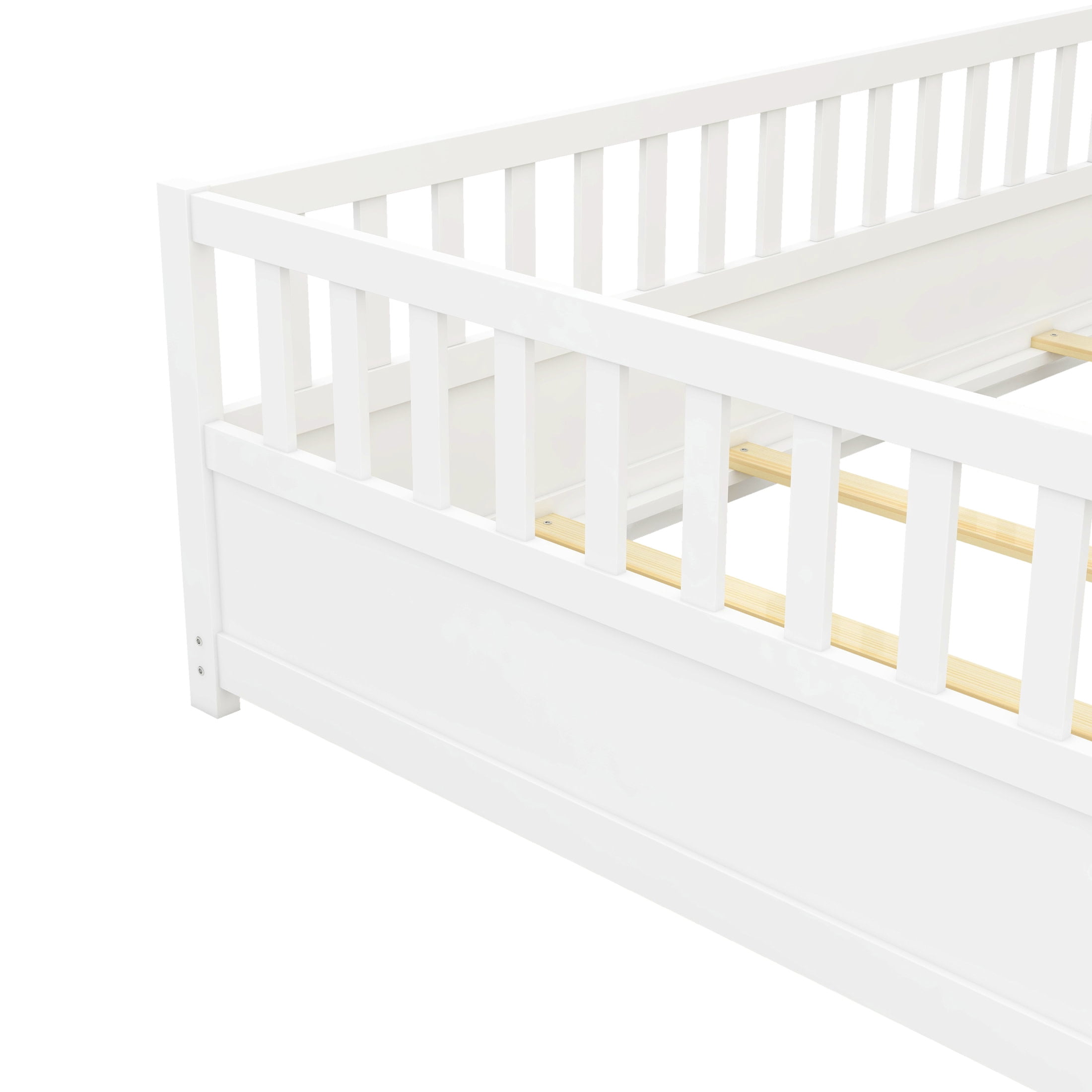 Noble House Full Size Montessori Floor Bed with Guardrails and Door, Wood Kids Bed Frame, White