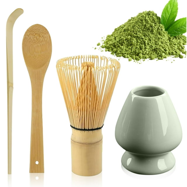 "Premium Japanese Matcha Whisking Kit - 4-Piece Bamboo Set with 100-Tip Chasen, 2 Scoops & Ceramic Stand for Authentic Tea Ceremony"