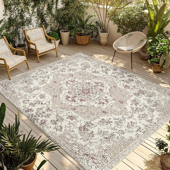 Beige Boho Outdoor Rug for Patio/Deck/Porch, Non-Slip Large Area Rug 5 x 8 Ft, Middle Century Ethnic Vintage Abstract Indoor Outdoor Rugs Washable Area Rugs, Reversible Camping Rug Carpet Runner