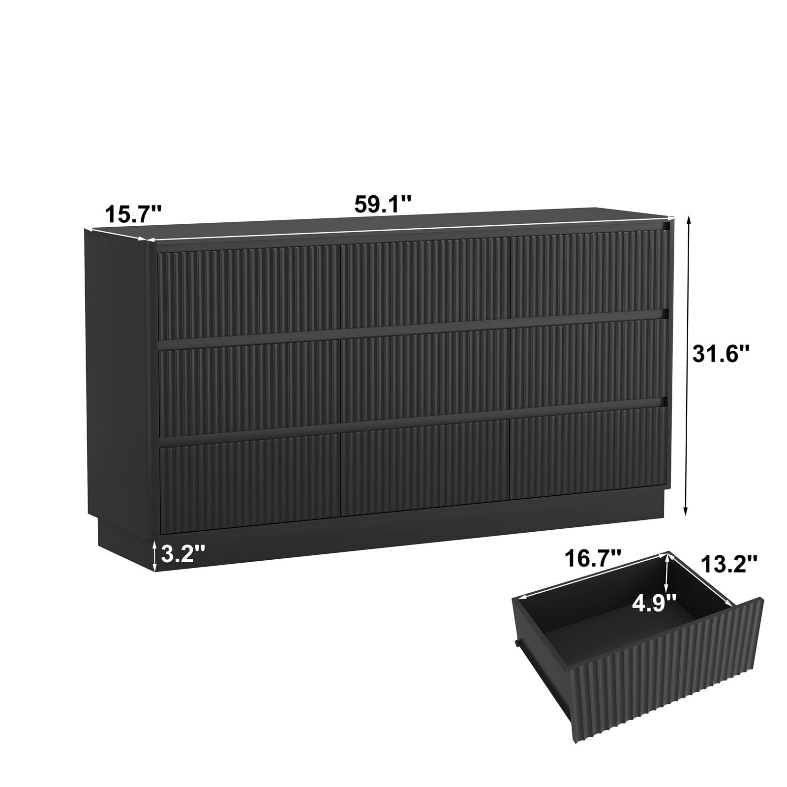 Hommoo Modern 9-Drawer Wood Dresser, Fluted Chest of Drawers, Multifunctional Storage Cabinet Credenza Side Table, Black