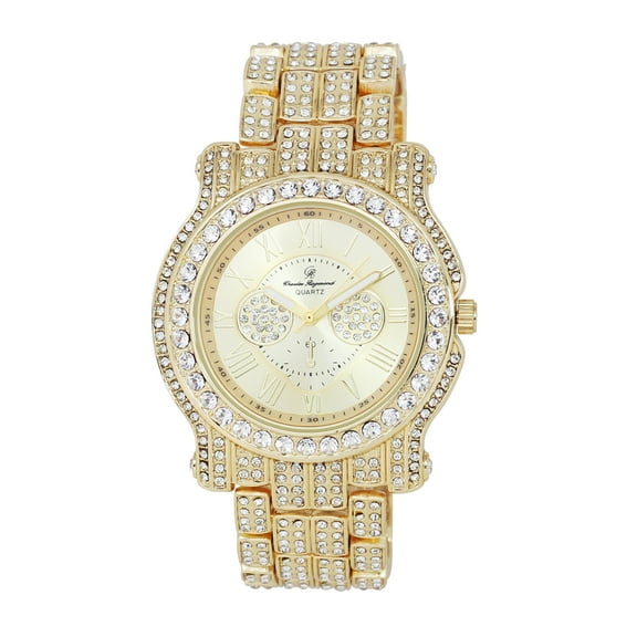 Charles Raymond Bling-ed Out Ultimate Hip Hop Royalty Mens Watch w/Easy Reader Roman Numeral or Iced Out Diamond Time Indicators - Bright Colored Dials - L0504 (ST10559 Gold Gold)