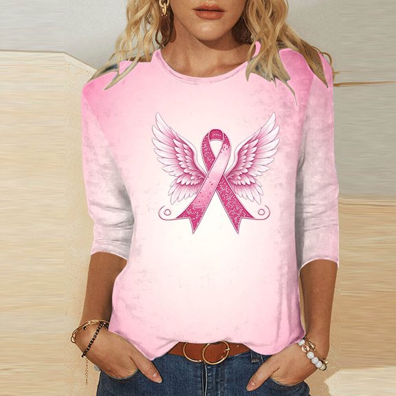 LEKWK Breast Cancer Shirts for Women Plus Size Pink Ribbon Breast Cancer Awareness T-Shirt 3/4 Sleeve Casual Inspirational Graphic Tee Survivor Gifts,Size S-5XL