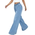 thumbnail image 3 of Wide Leg Jeans for Women Stretch High Wasited Elastic Waist Bell Bottom Baggy Pants Light Blue S, 3 of 9