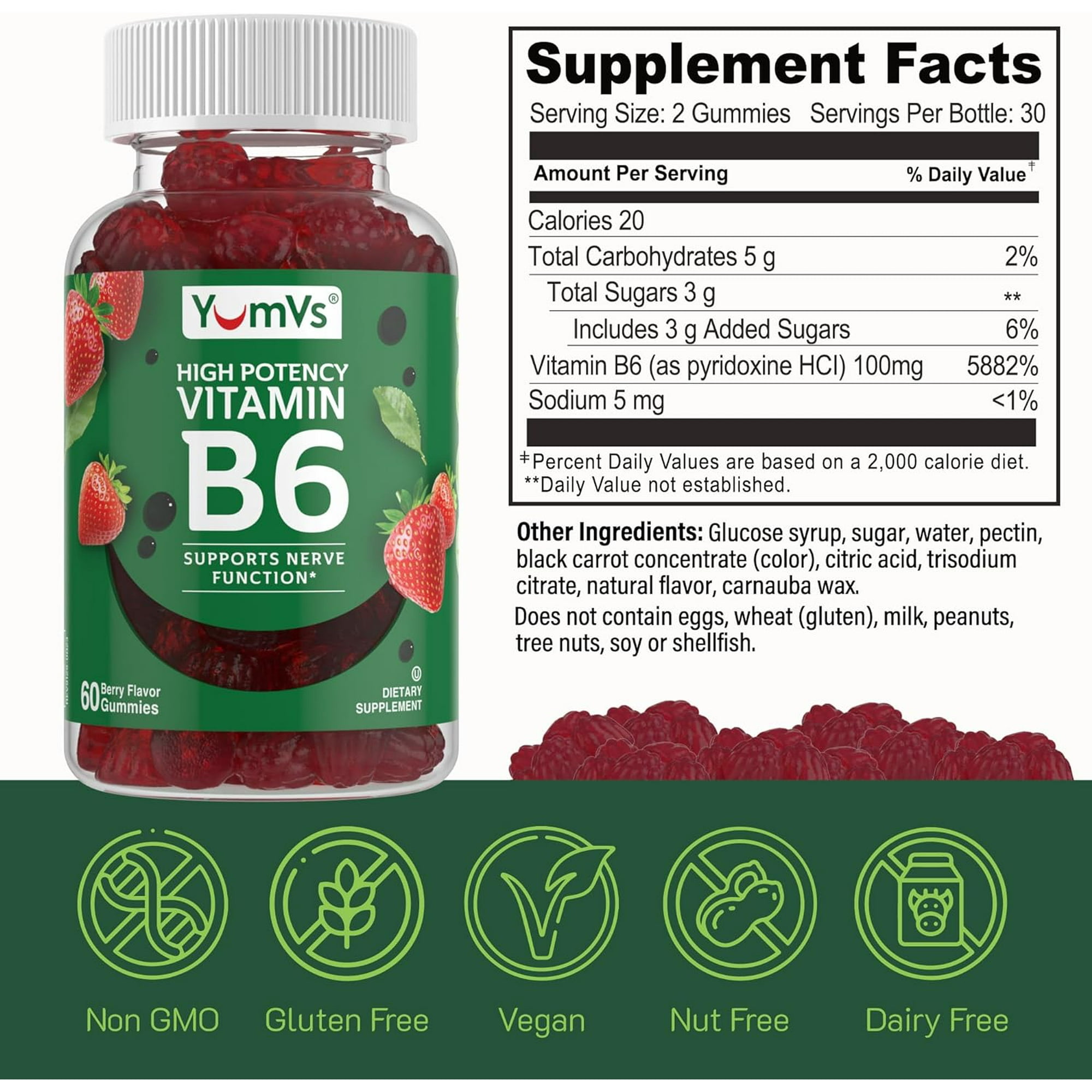 YUM-V'S 100mg Vitamin B6 Gummies Health Supplement for Nerve Function, Strawberry, 60 Count, 2-Pack