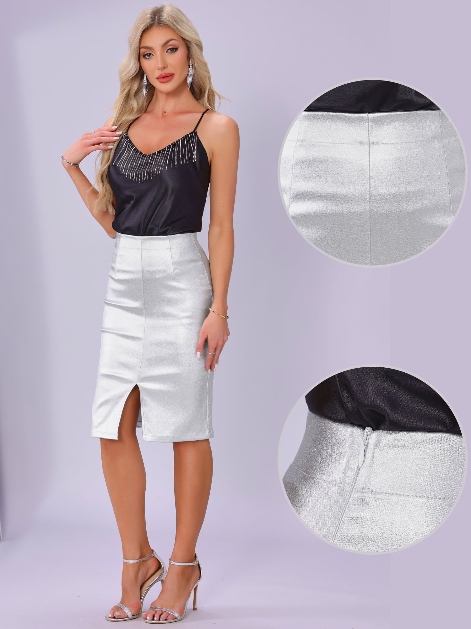DARING DIVA Women's Holographic Shiny Metallic Midi Skirt L Silver