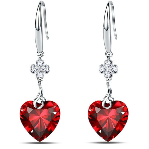JAYWAYNE Sterling Silver Earrings for Women Heart - Shaped Red Cubic Zirconia Drop Earrings Ideal for Party Dating Daily Wear