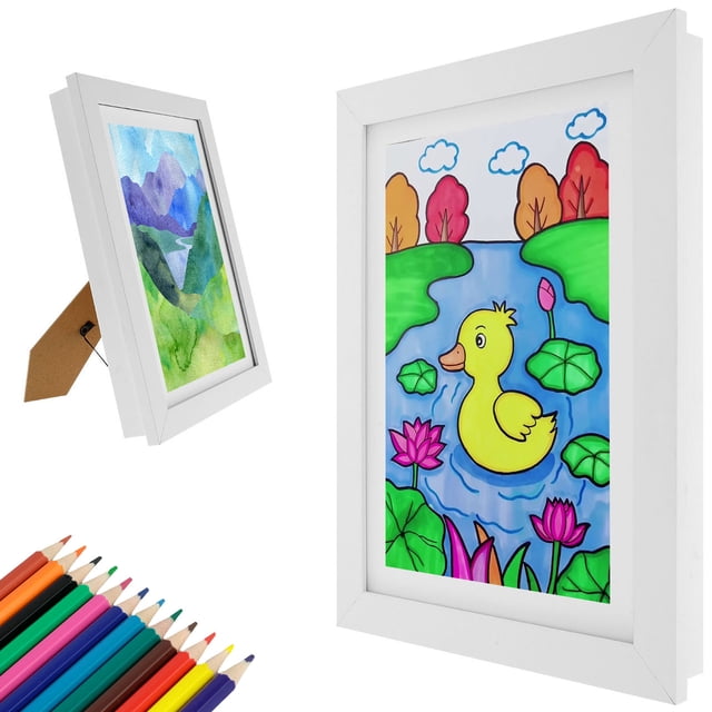 Marco de arte infantil Kyoffiie con 12 lápices de colores, tamaño A4, apertura frontal, con correa fija, de madera, para exhibir obras de arte infantiles, horizontal y vertical, para manualidades,