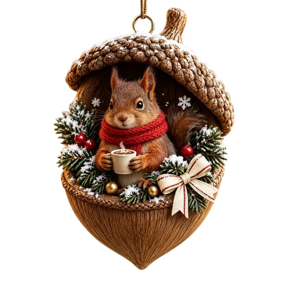Cute Acrylic Christmas Tree Ornament, 3.15 Inch Snowy Acorn Woodland Animal, Hanging Accent for Holiday Mantel Fireplace Gift Exchange, Squirrel with Cocoa