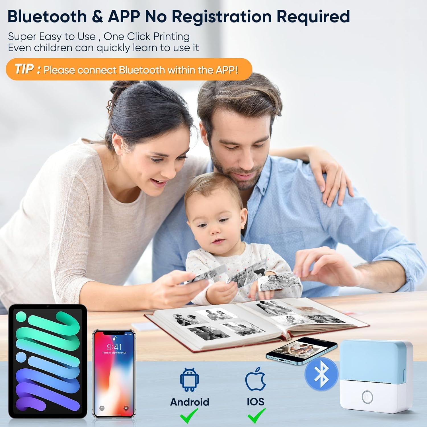 ROJAX Print Pods Mini Thermal Printer, Inkless Portable Sticker Maker with 10 Rolls Paper, Bluetooth Pocket Printer for Phone, Notes, Journal & DIY, Compatible with iOS & Android (Blue)