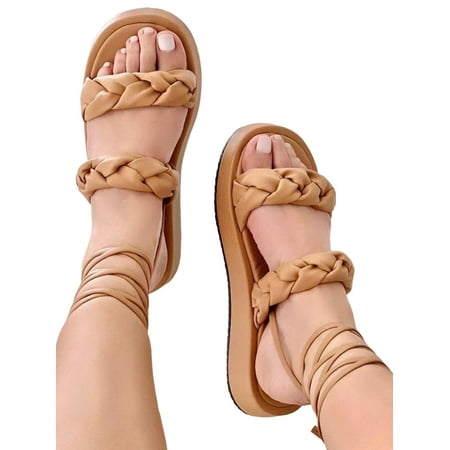 

SIMANLAN Women Casual Shoes Platform Flat Sandal Beach Sandals Ladies Strappy Womens Summer Khaki 9