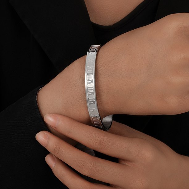 Brazalete de boda con brazalete de número romano tallado en acero inoxidable (plata) Tmvgtek Para estrenar