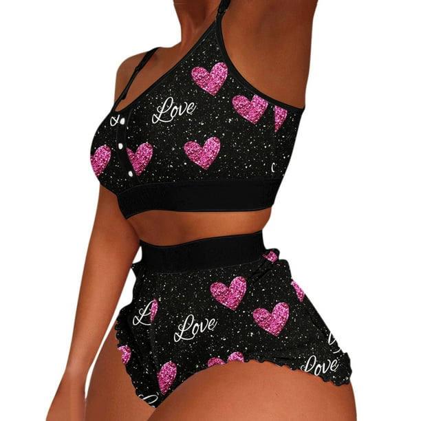 Conjunto de dobladillo con volantes y bloques de colores con estampado informal para mujer, traje de chaleco con tirantes sexy para el hogar Pompotops qwe22561