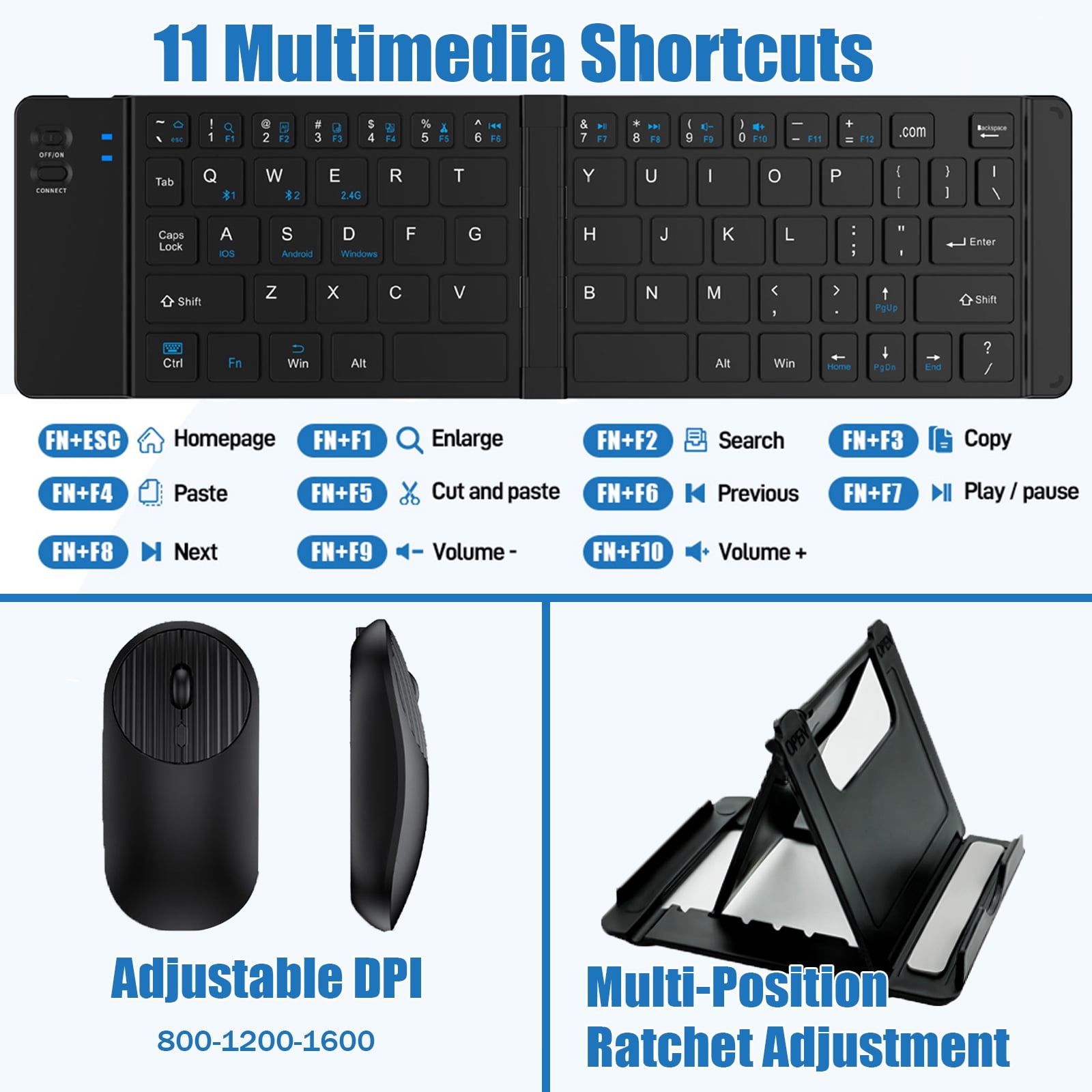 RONY Foldable Wireless Bluetooth Keyboard & Mouse Combo: Rechargeable Portable Travel Keyboard for Phone Laptop Mac Desktop (Black)