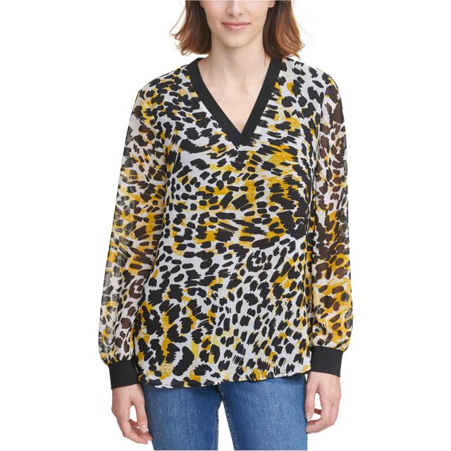Calvin Klein Womens Abstract Shell Blouse, blkyellow, XS