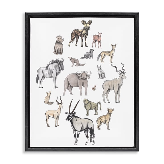 Simple Africa Animals Black Framed Floater Canvas Wall Art, design by Cecilia Battaini