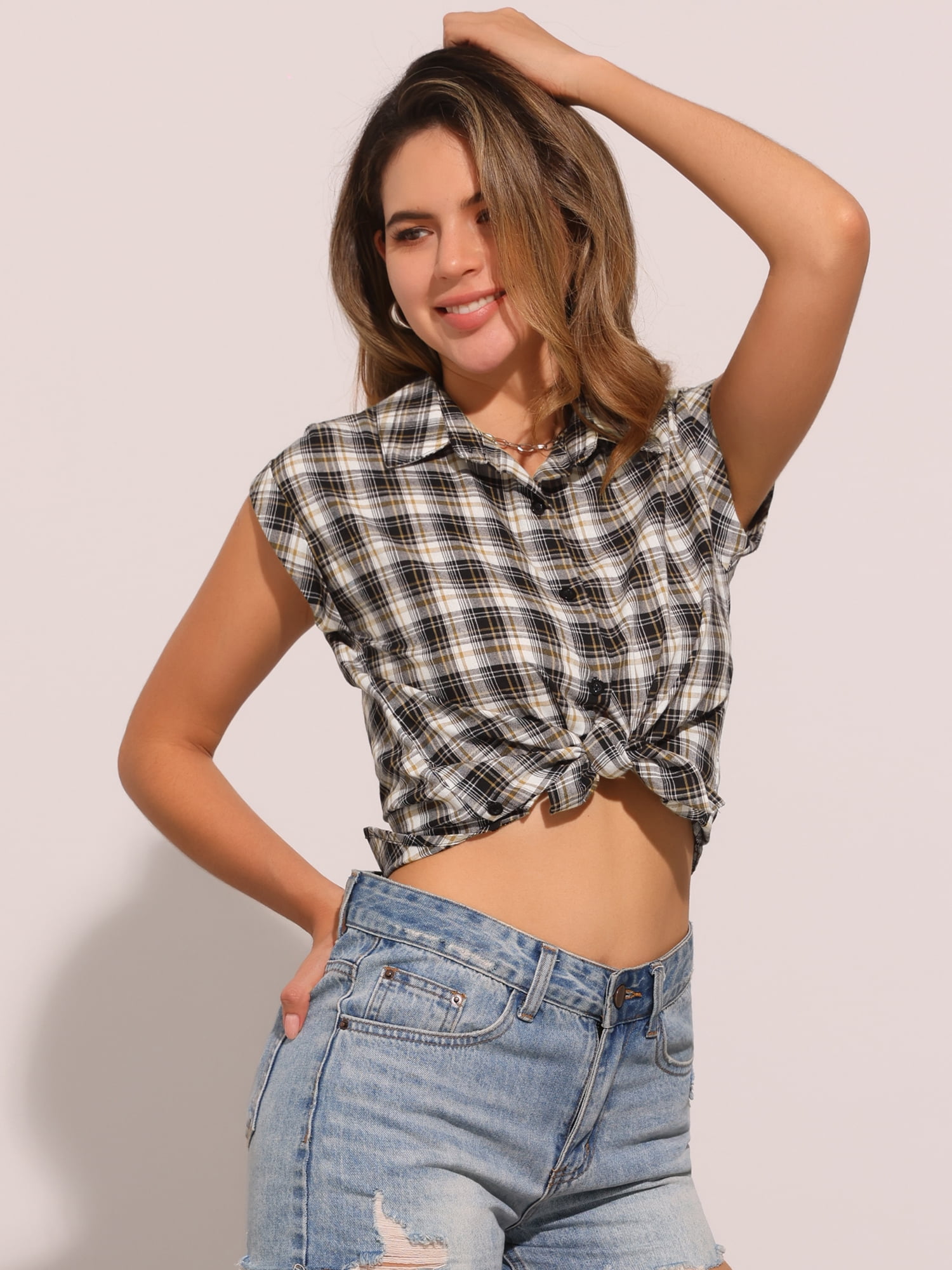 DARING DIVA Women's Summer Plaid Short Sleeves Button Down Shirts S Black White