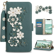 3CCart Compatible with iPhone 13 Wallet Case for Women, Floral PU Leather Wallet Phone Case with Wrist Strap