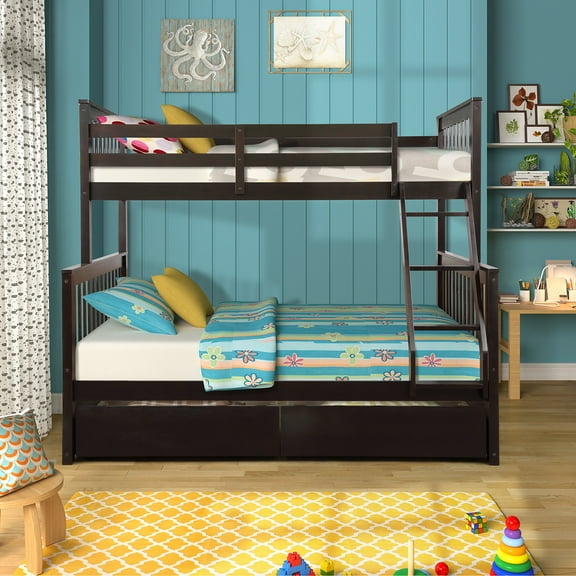 Twin Over Full Bunk Bed with Ladder Solid Wood Bunk Bed Frame with 2 Storage Drawers