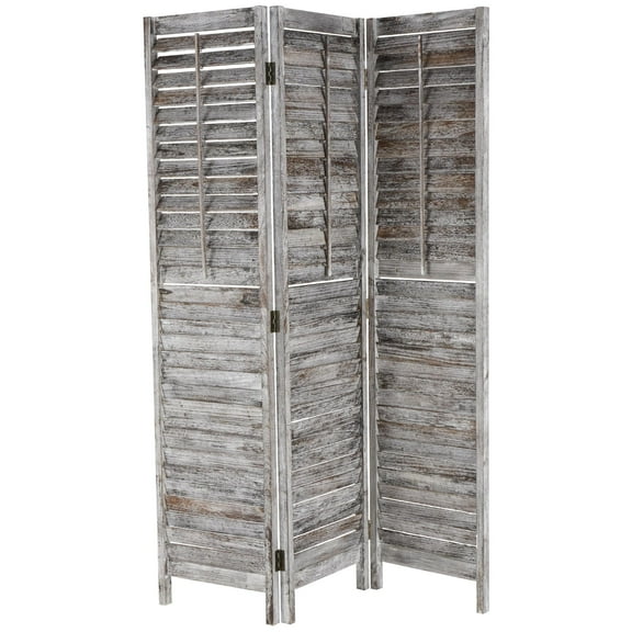 DecMode 48" x 67" Gray Wood Distressed Shutter Top 3 Panel Room Divider Screen with Brown Accents, 1-Piece