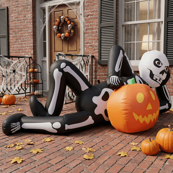 Alvantor 7 ft Long Reclining Skeleton Halloween Inflatable with Pumpkin, 7 LED Lights and Built-In Blower, Black White and Orange