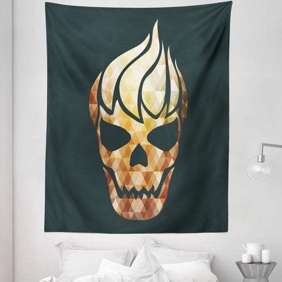 Gothic Tapestry, Gothic Skull with Fractal Effects Evil Halloween Concept, Fabric Wall Hanging Decor for Bedroom Living Room Dorm, 5 Sizes, Pale Caramel Dark Grey, by Ambesonne
