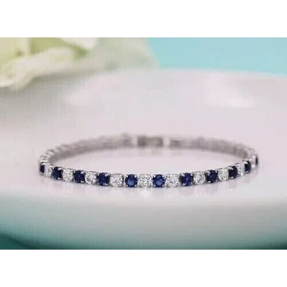 Tennis Bracelet 6Ct Round Cut Lab-Created Sapphire-Diamond 14K White Gold Plated