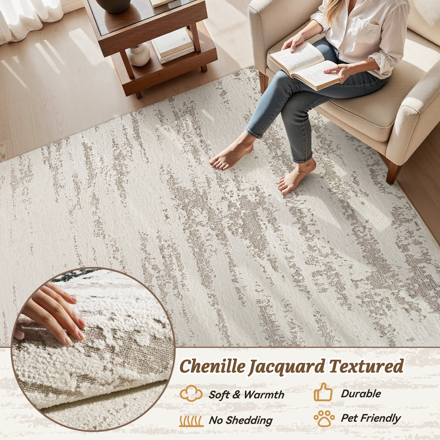 SIXHOME 8'x10' Area Rugs for Living Room Washable Rugs Chenille Jacquard Textured Modern Abstract Rugs for Bedroom Dining Room Office Indoor Non-Slip Soft Carpet Beige