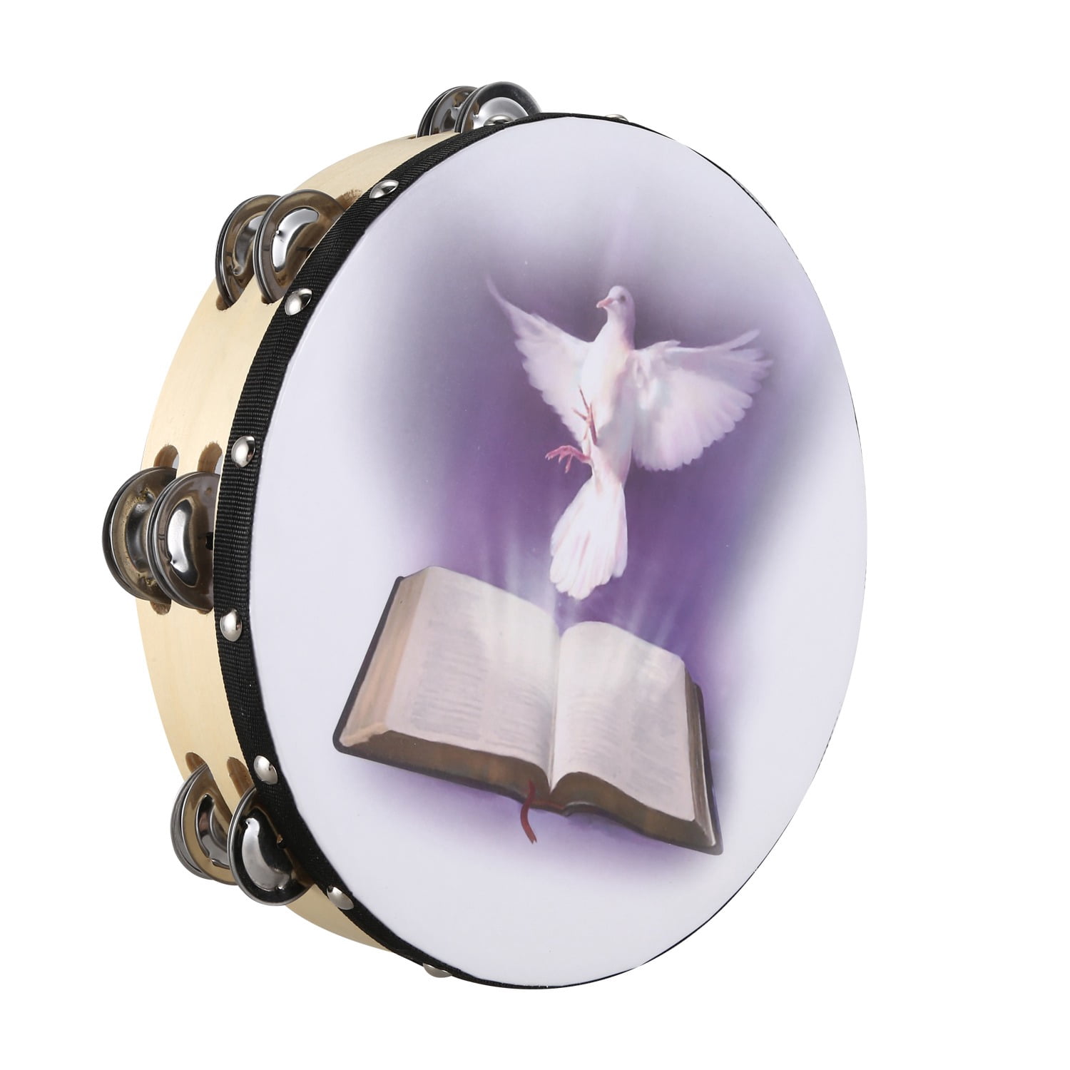 10 Inch Wooden Tambourine Pigeon Bible Music Percussion Instrument Tambourine Double Tambourine Row Jingle Percussion Instrument for Church