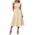 thumbnail image 2 of NTACZA Elegant Dresses for Women Formal Midi Sleeveless Wedding Guest Dresses Asymmetrical Neckline A-Line One Shoulder Ruched Waist Dressy Beige L, 2 of 5