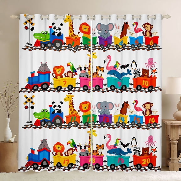 Homewish Elephant Zebra Giraffe Black Out Curtains for Preppy Children Teens,Cartoon Train Curtains Pack of 2 (42x63 Each),Kawaii Jungle Animal Bedroom Curtains,Lightweight Room Decor