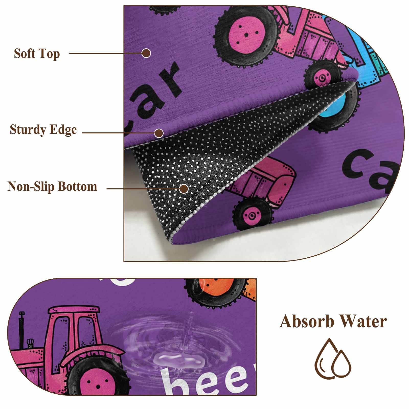 Cartoon Tractor Round Area Rug 7Ft Washable Circle Rugs for Dorm Laundry Room, Cute Beep Car Digger Shovel Truck Purple Non-Slip Carpet Floor Mats Indoor Outdoor Carpet Runner Aesthetic Home Decor