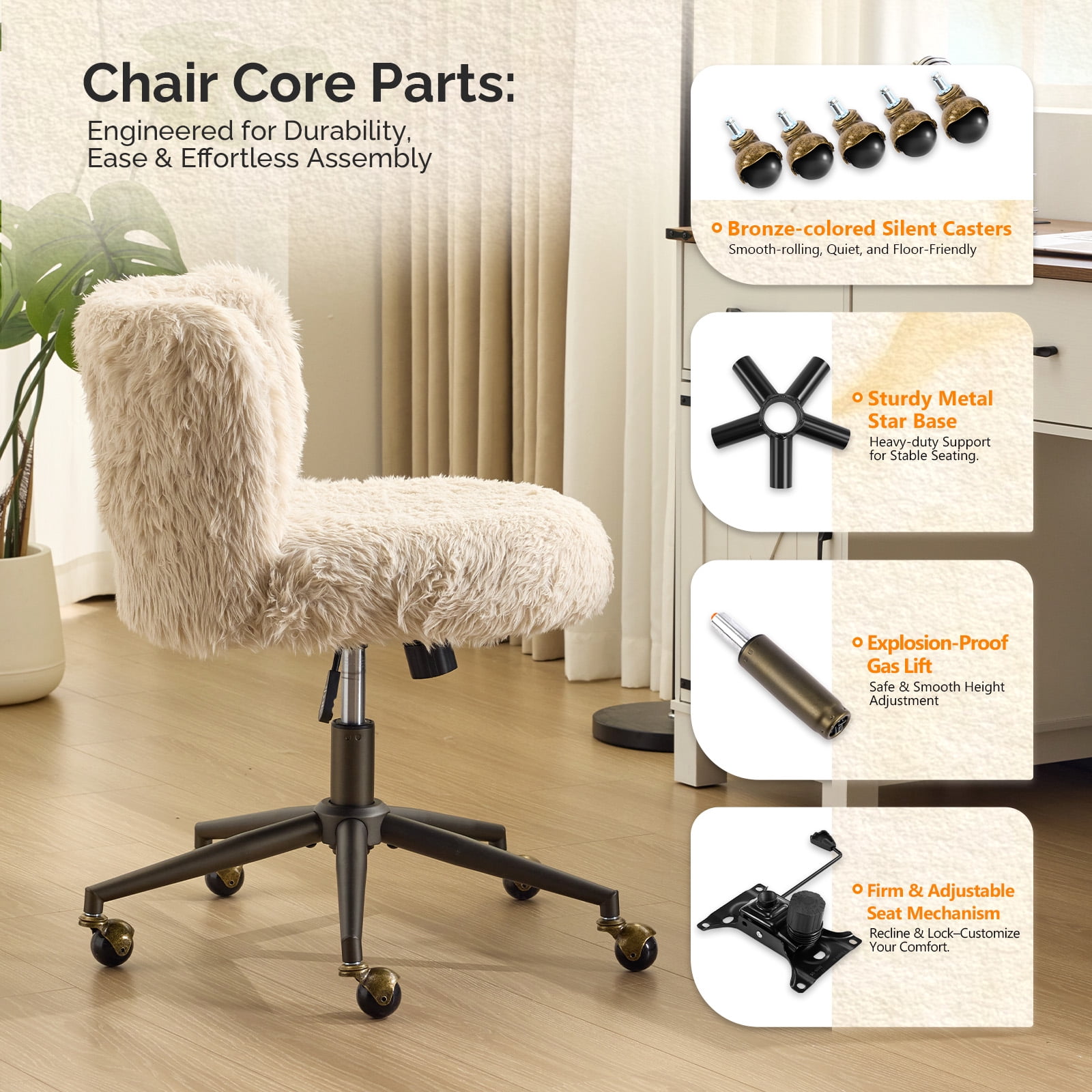 Ktaxon Vanity Chair, Adjustable Desk Chair with Metal Base and Swiveel Casters, Long Pile Fabric Makeup Chair for Women, Ideal for Office,Study and Home Beige