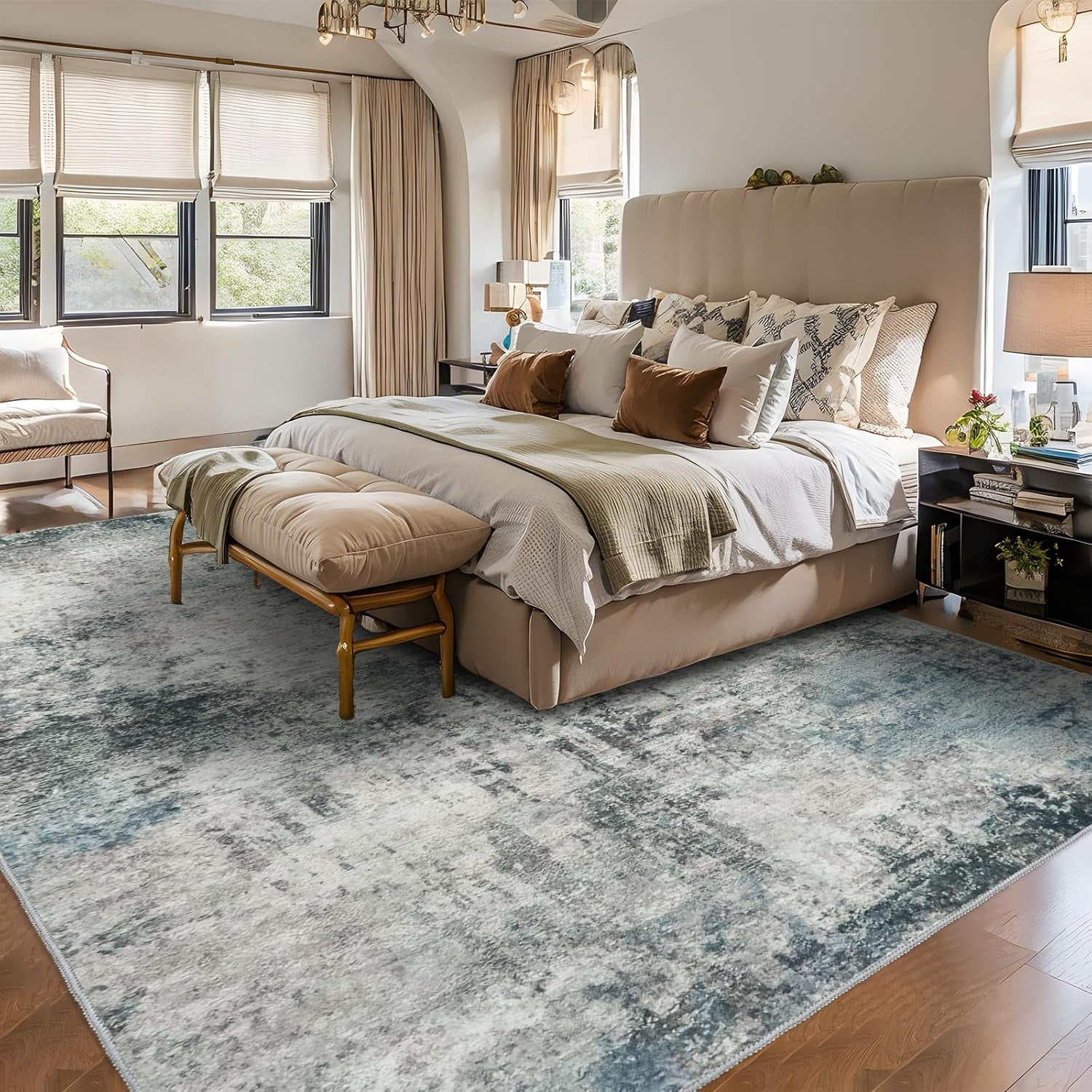 YOUFORTONG 9x12 Abstract Area Rug,Large Washable Indoor Rug,Non-Slip Stain Resistant Distressed Soft Carpet for Living Room Bedroom Farmhouse,Blue