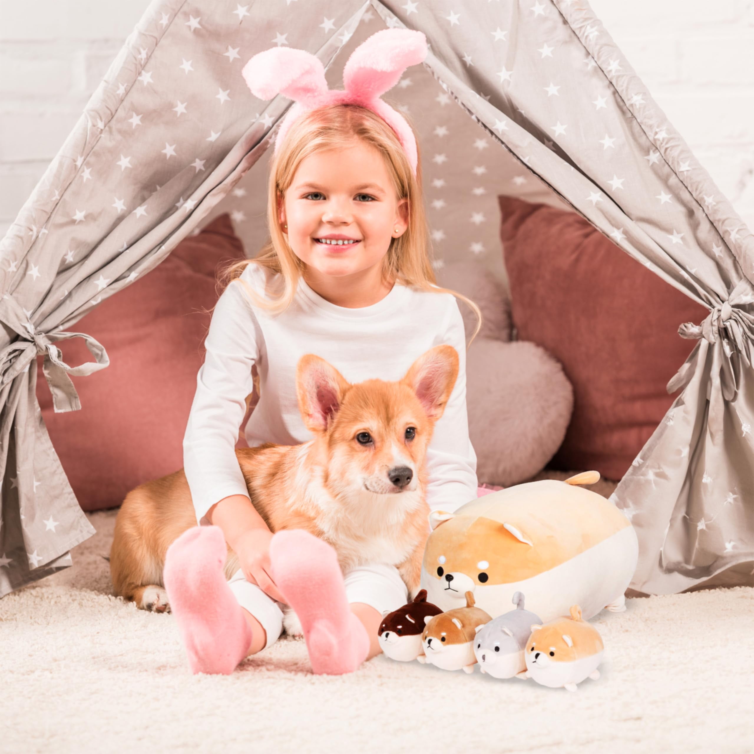 PixieCrush Stuffed Dog Toy - Cute Plushies Shiba Inu Mommy with 4 Puppies - Adorable Plush Pillow for Imaginative Play - Puppy Surprise Soft Animal Toy Set for Girls - Stuffed Animals for Ages 3-8