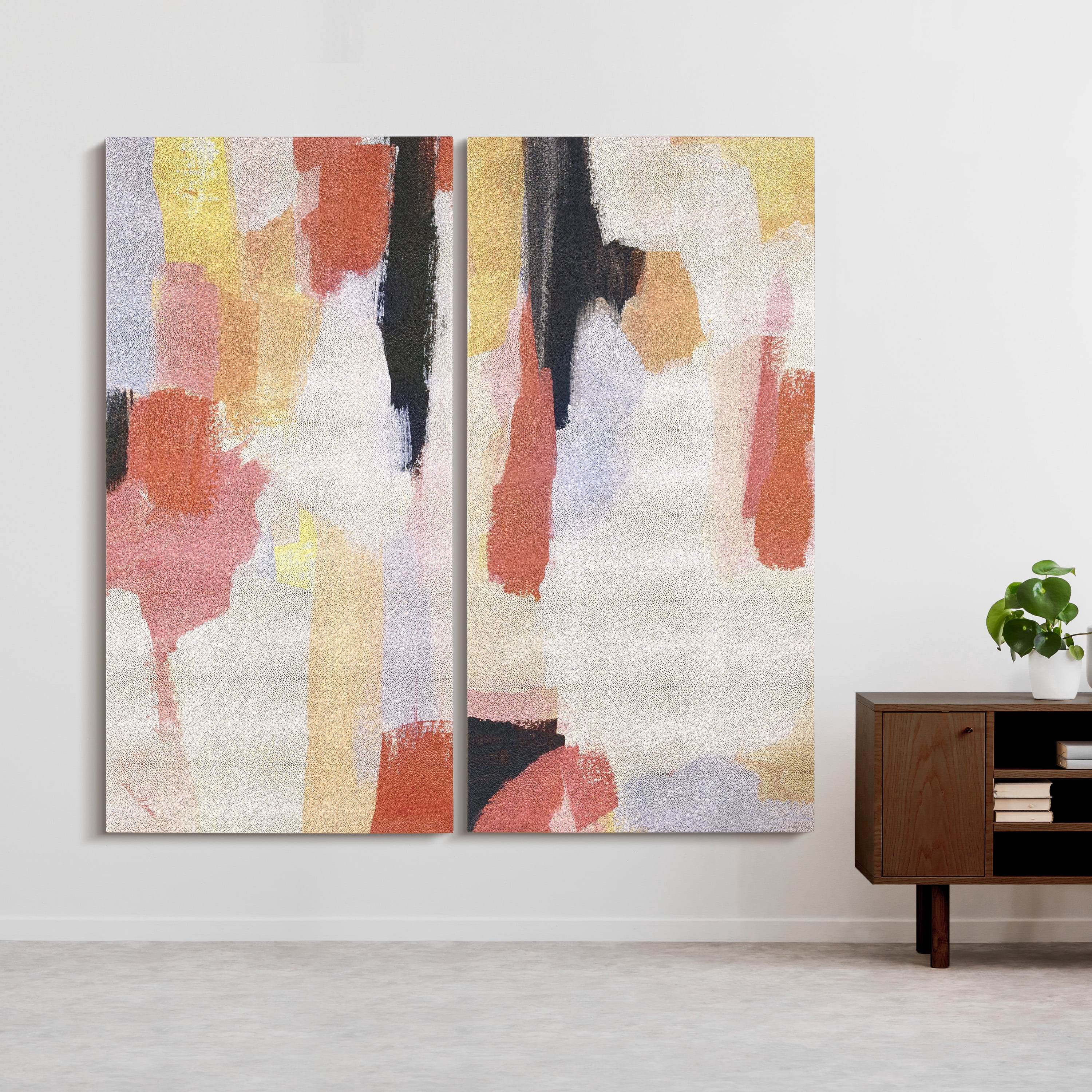 "Vibrant Harmony I & II" Lively Abstract Rendered on Gold Metallic Shagreen Wrapped Canvas Wall Art Set, sized 48"x24"