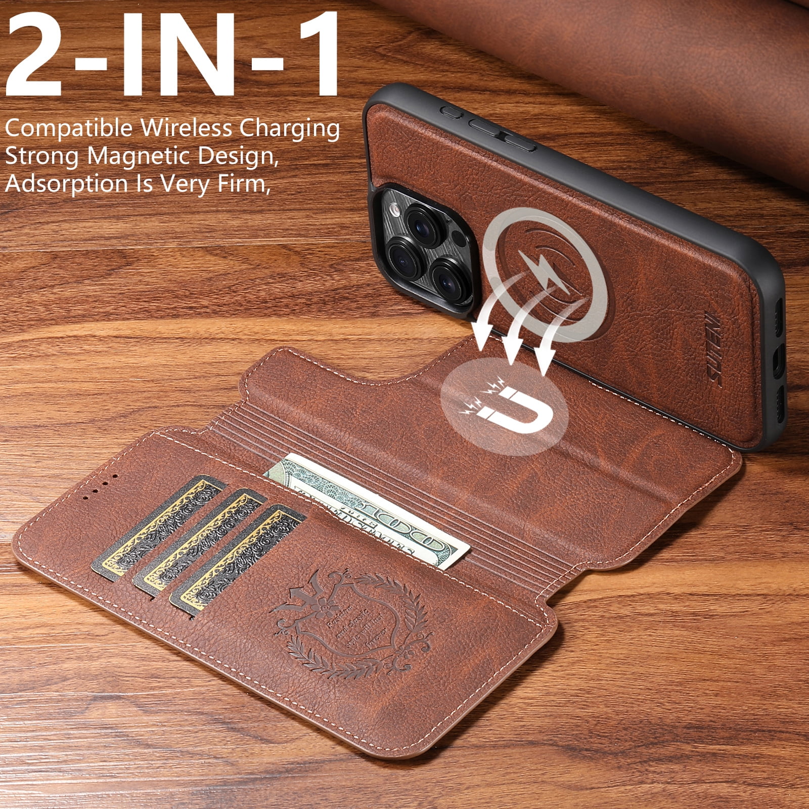 For iPhone 15 Pro Max Wallet Phone Case,Magnetic Detachable PU Leather Flip Design,Compatible with Mag-Safe,With Card Slots,Kickstand,Magnetic Closure Shockproof Anti-Fall Rugged Phone Case,Brown