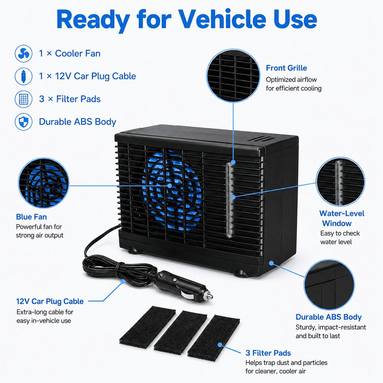 Portable Car Air Conditioner Fan 12V Evaporative Cooler Mini Conditioner For Car Truck Rv Camping Low Noise 2 Wind Levels 7.9X3.7X5.9In
