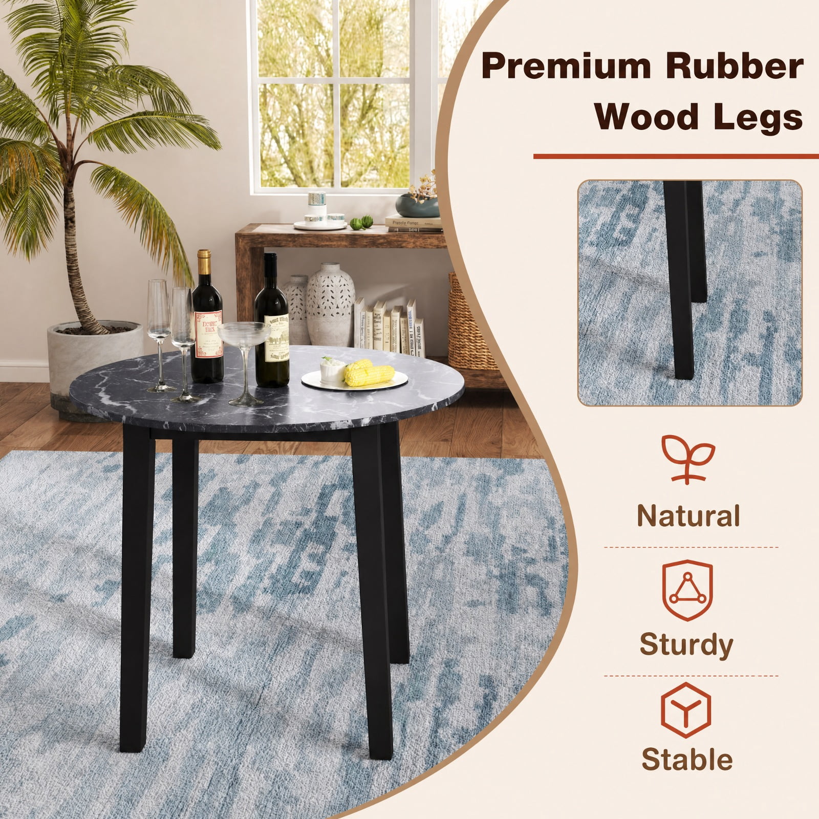 Furnibear 35 Inch Round Dining Table for 4 with Rubber Wood Legs and Marble Textured Veneer Top for Kitchen and Dining Room, Black